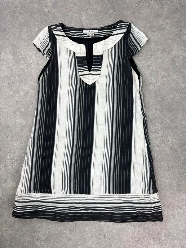 black and white linen pinstripe a-line mini dress