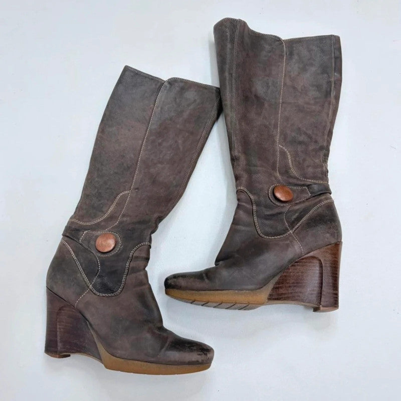 Brown leather wedge knee high boots