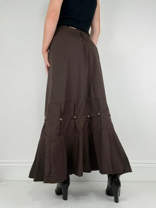 brown flared studded pleated maxi skirt