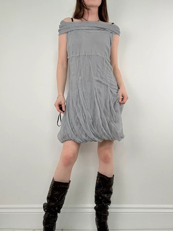 grey gathered slouchy puff midi dress