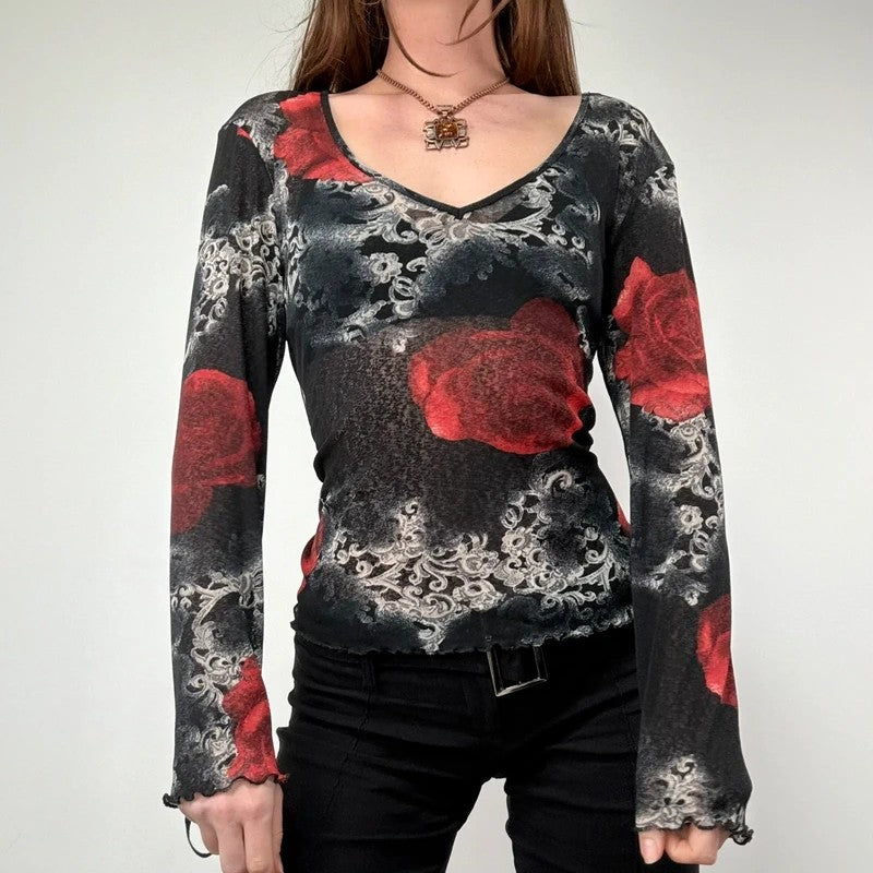 distressed floral rose print long sleeve mesh t-shirt