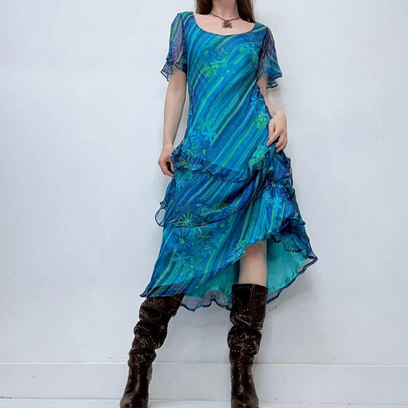 blue layered pinstripe ruffle dress