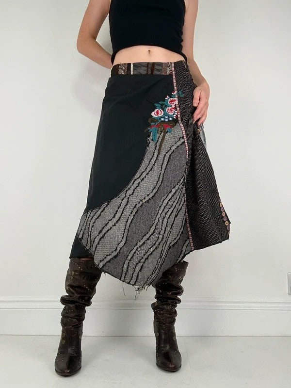 Patchwork embroidered asymmetric skirt