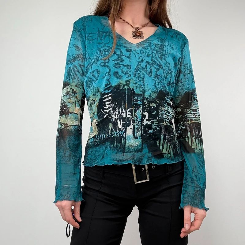 Graphic printed Grunge Mesh Top