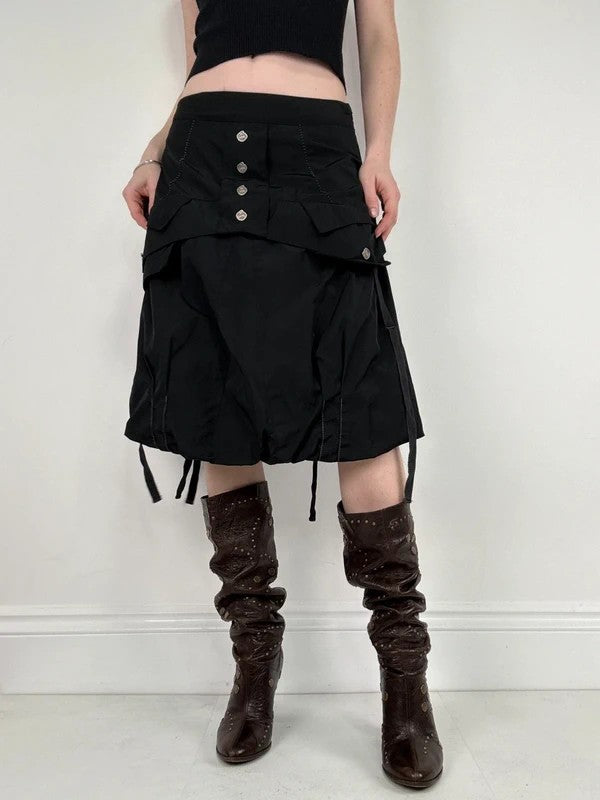 black grunge puff midi skirt