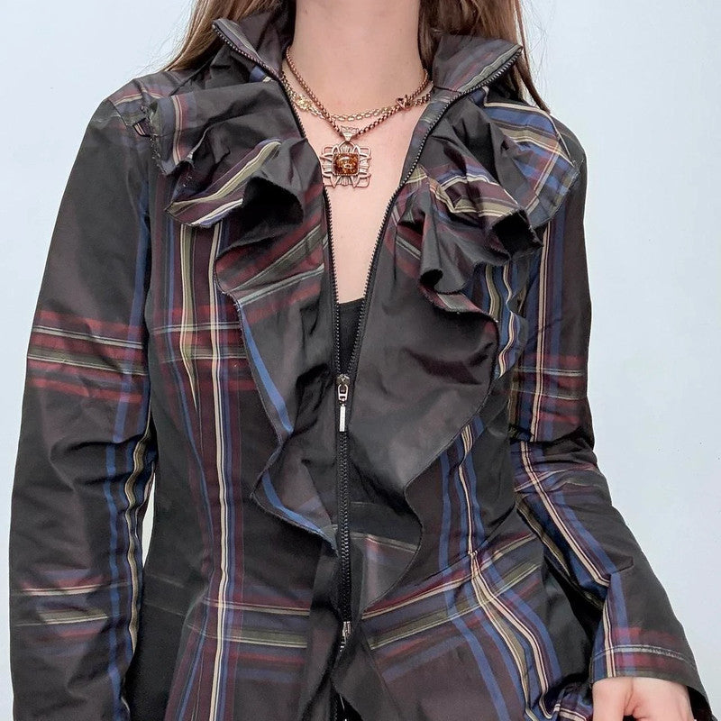 tartan checked structured ruffle shirt