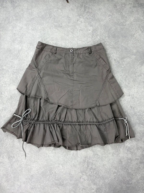 Khaki layered ruffle midi pleated skirt