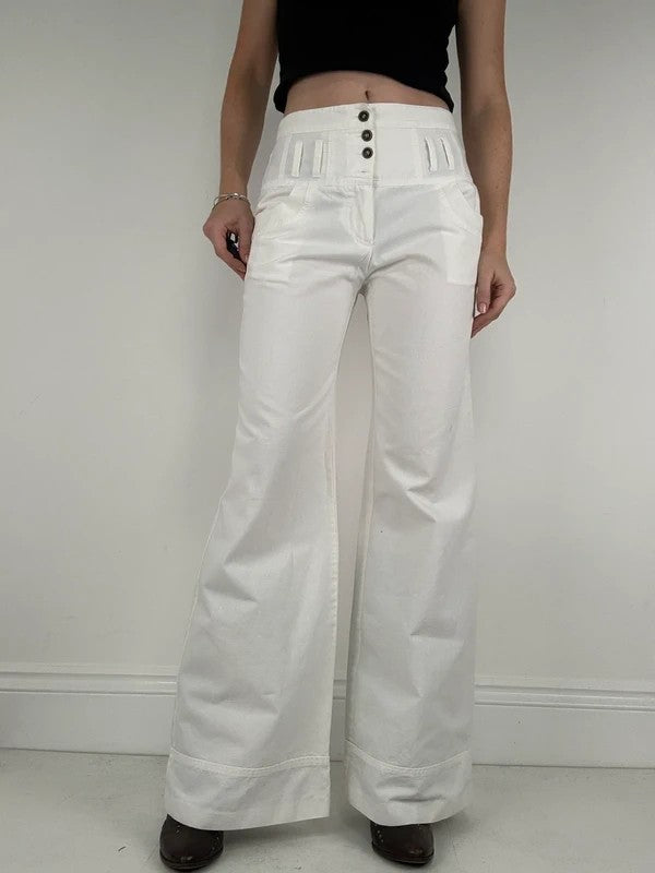 white flared wide leg button front cotton trousers