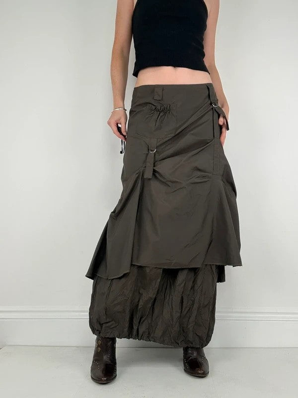 khaki layered tech utility maxi skirt