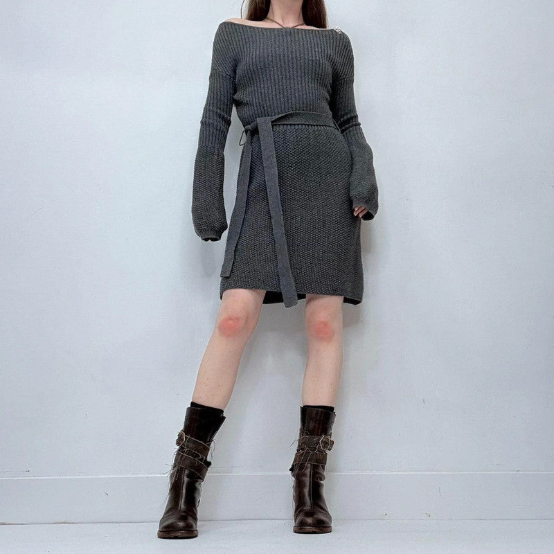 grey slash neck flared puff sleeve midi dress