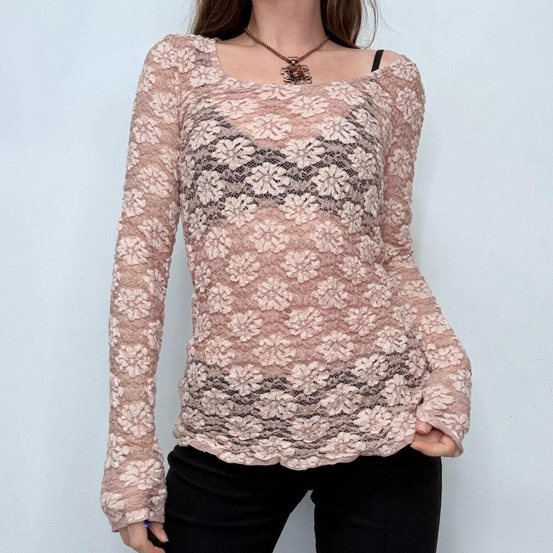 pink lace floral long sleeve top