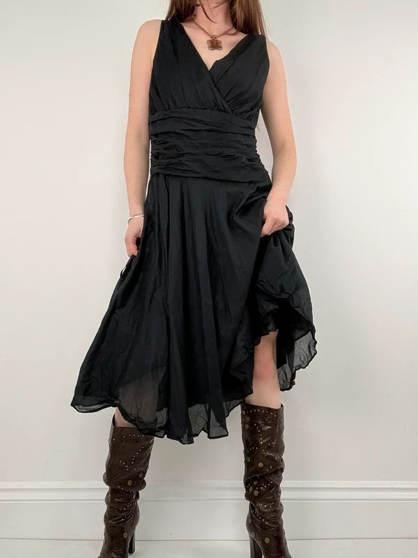 Black pleated cotton flared monsoon dress