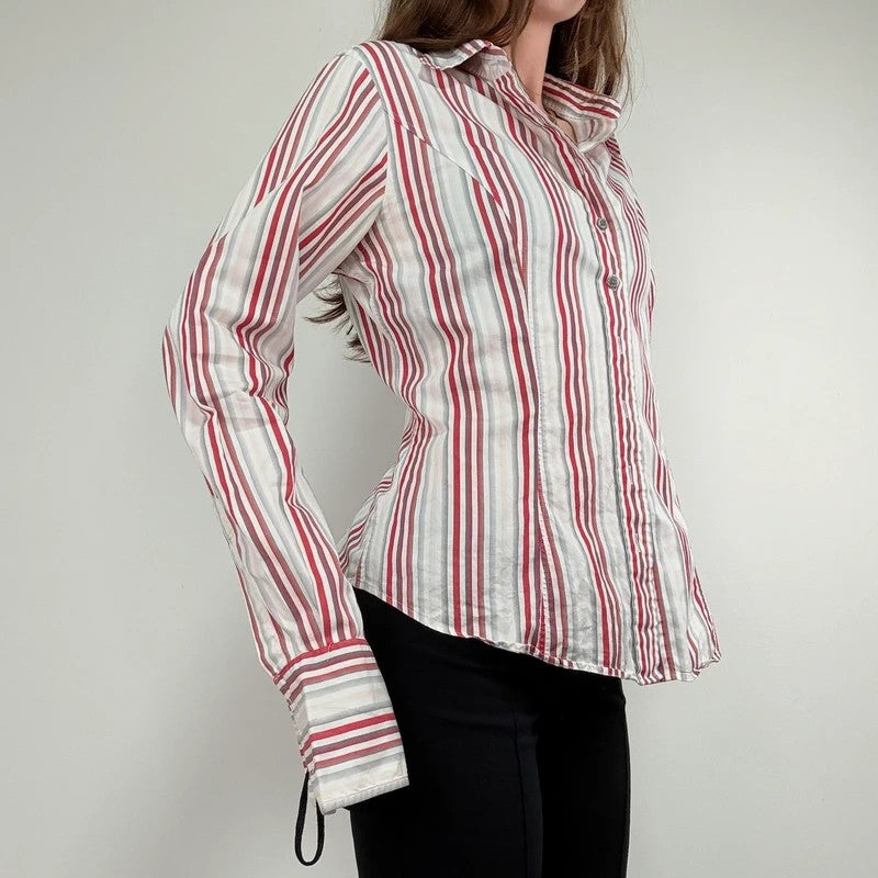pinstripe preppy fitted flared white and red shirt