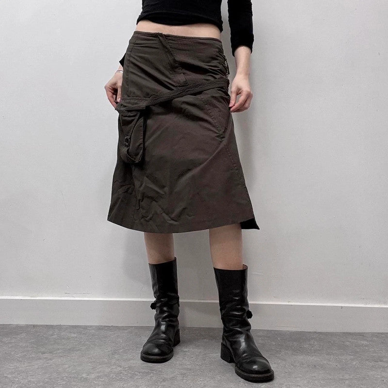 brown pinstripe flared cargo midi skirt