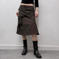 brown pinstripe flared cargo midi skirt