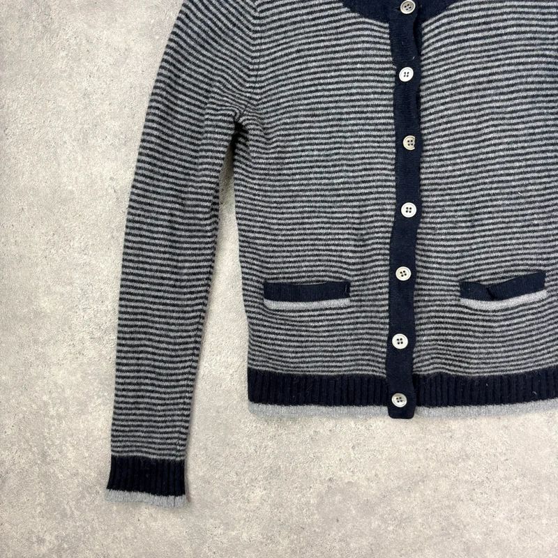 navy pinstripe button up cardigan crewneck