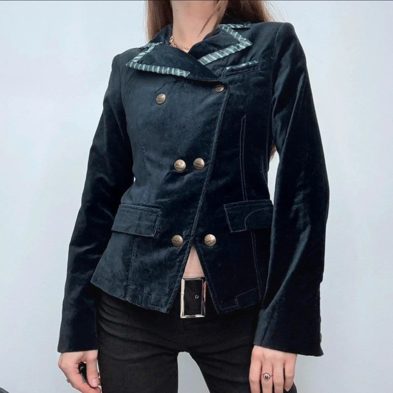 Asymmetric cropped flared military jacket
