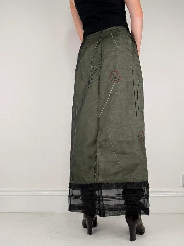 Green embroidered layered a-line maxi skirt