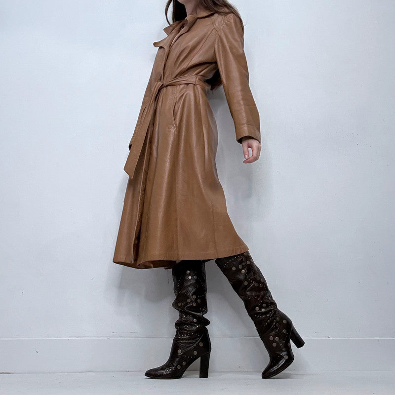 tan leather long trench coat