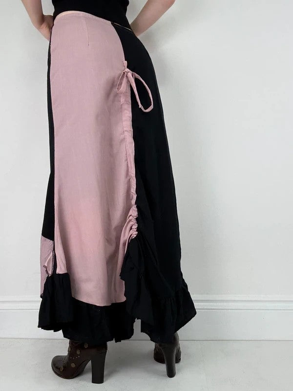 pink and navy gathered asymmetric flared maxi skirt