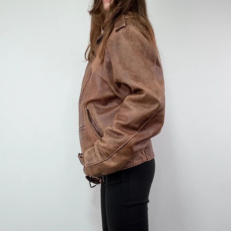 Oversized Brown leather Slouchy Biker Jacket