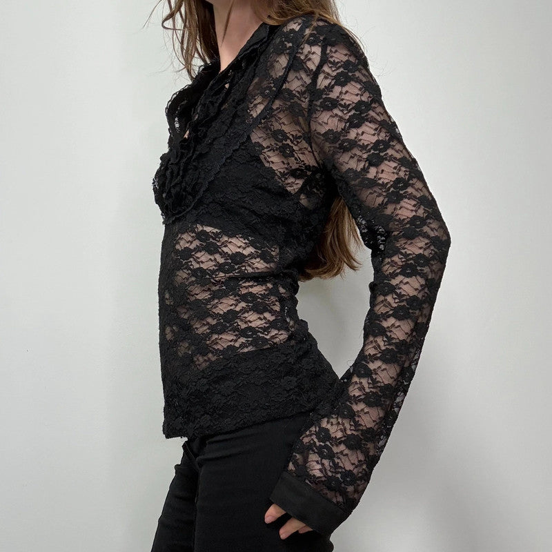 black lace fitted ruffle shirt