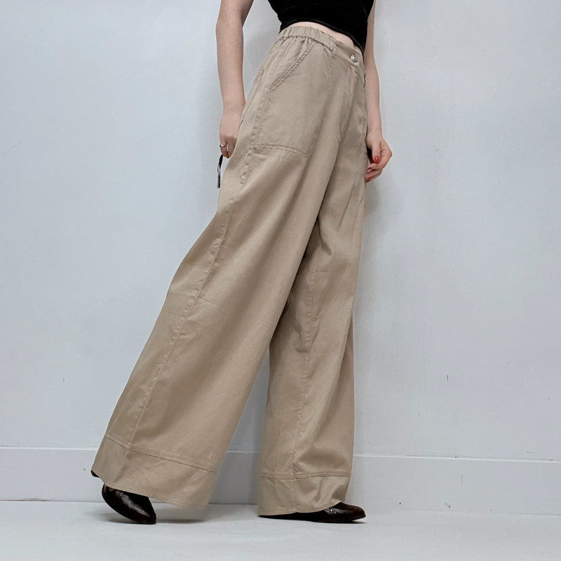 tan khaki wide leg flared trousers
