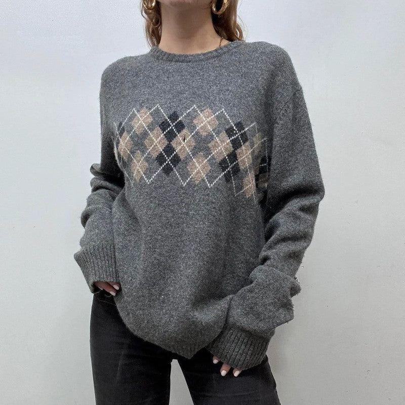 wool knitted grey argyle v-neck jumper