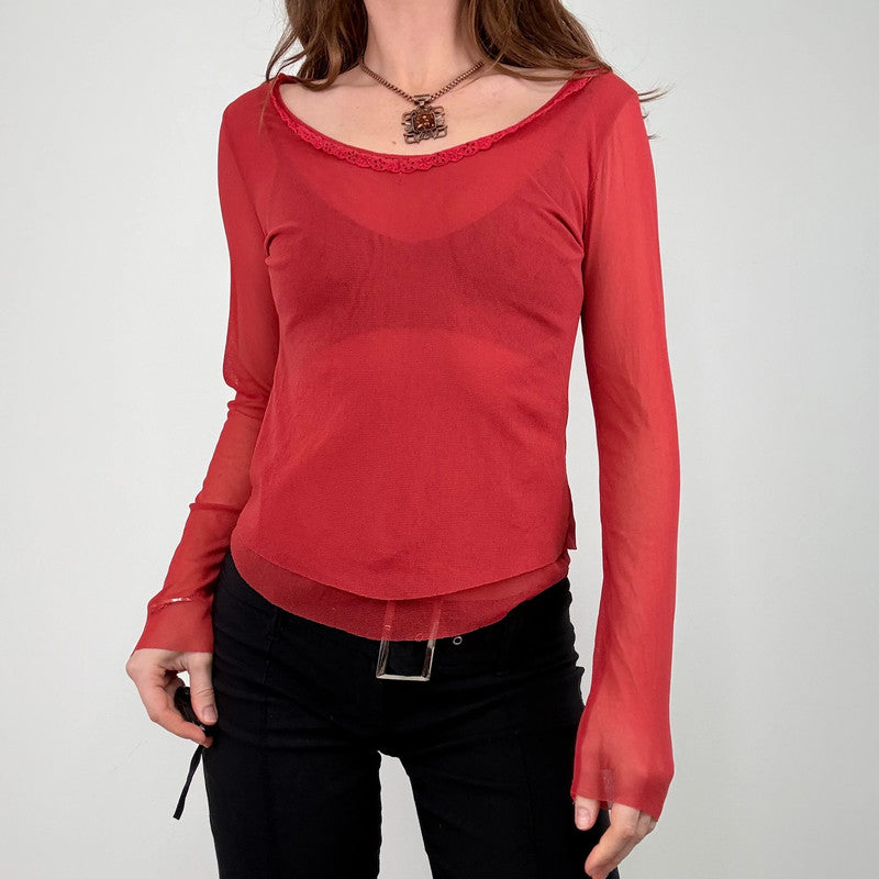 red sheer mesh layered long sleeve t-shirt