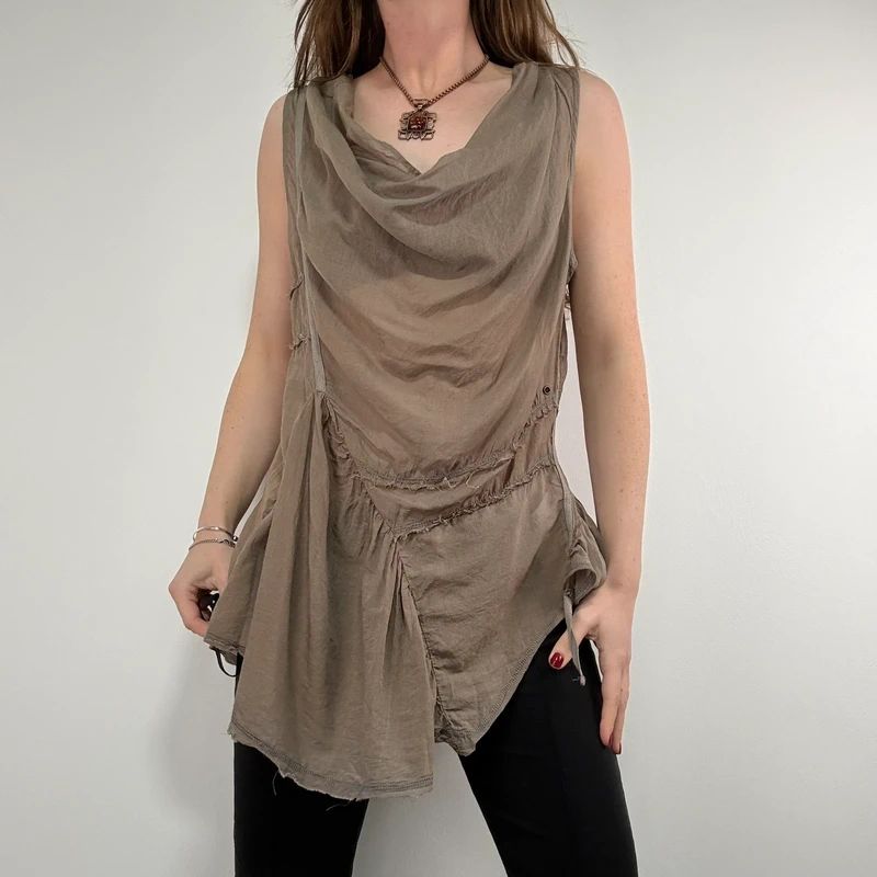 khaki brown draped slouchy asymmetric vest