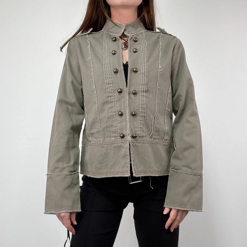 khaki military cotton utility jacket with hook and eyes