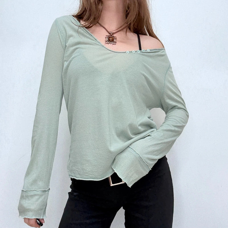 sheer slouchy green cotton long sleeve t-shirt