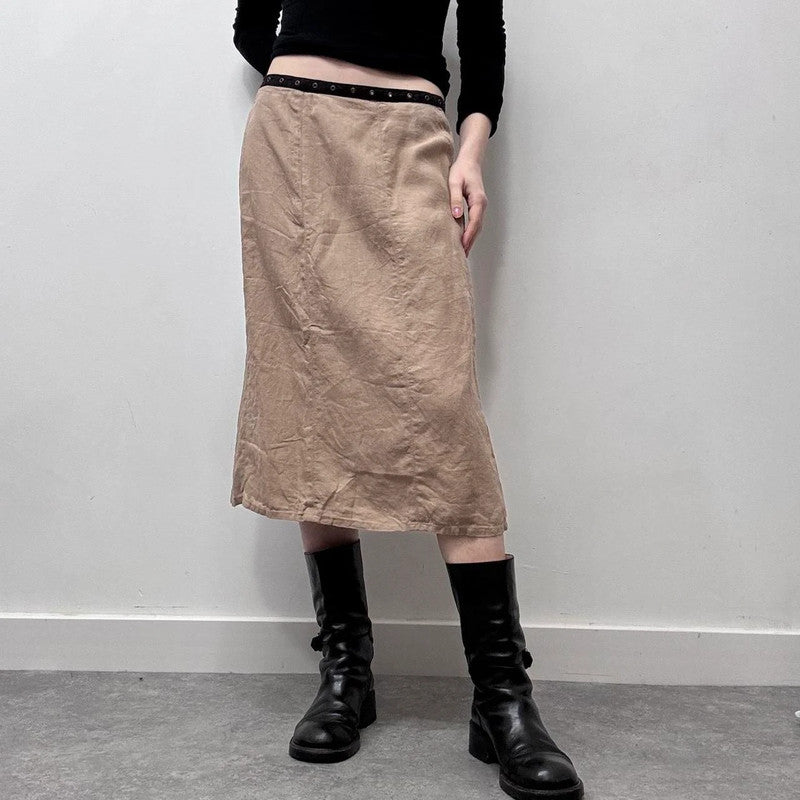 tan linen studded eyelet skirt