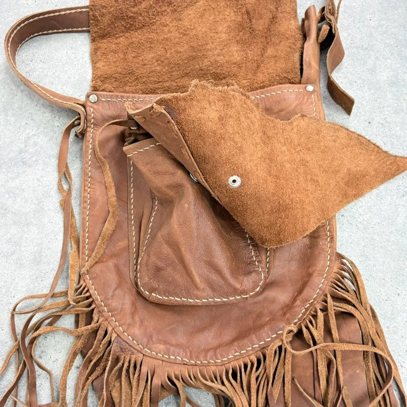 Vintage tan boho fringe satchel suede bag