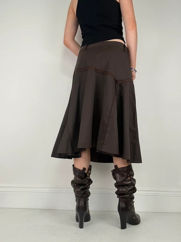 brown asymmetric waistband flared midi skirt