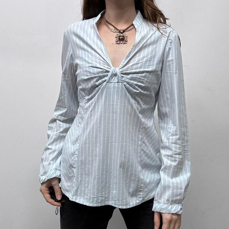 blue pinstripe flared office shirt