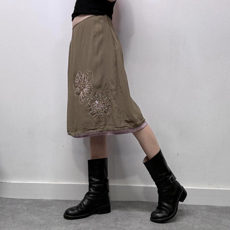 khaki silky layered midi skirt