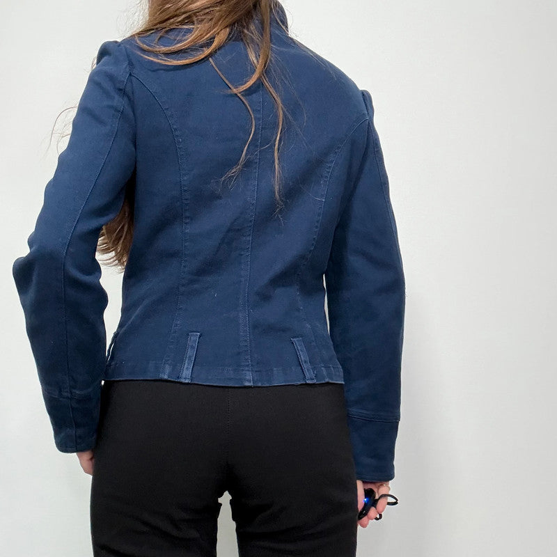 blue asymmetric button military jacket
