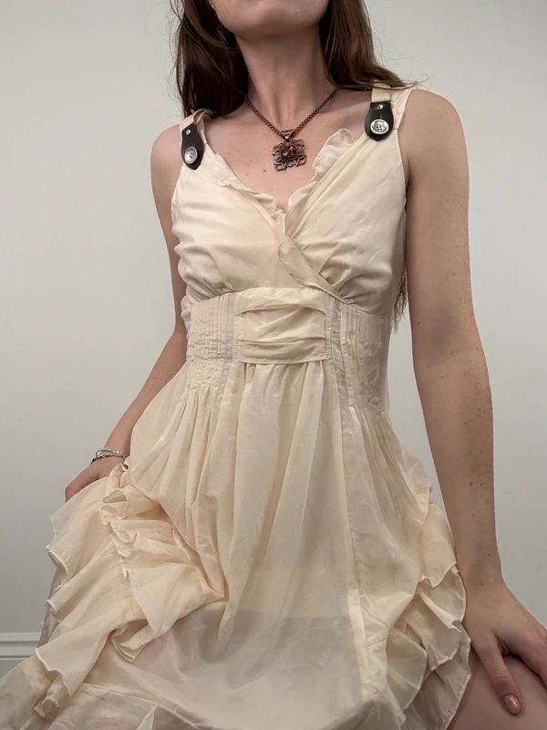 cream layered ruffle cotton silk summer mini dress