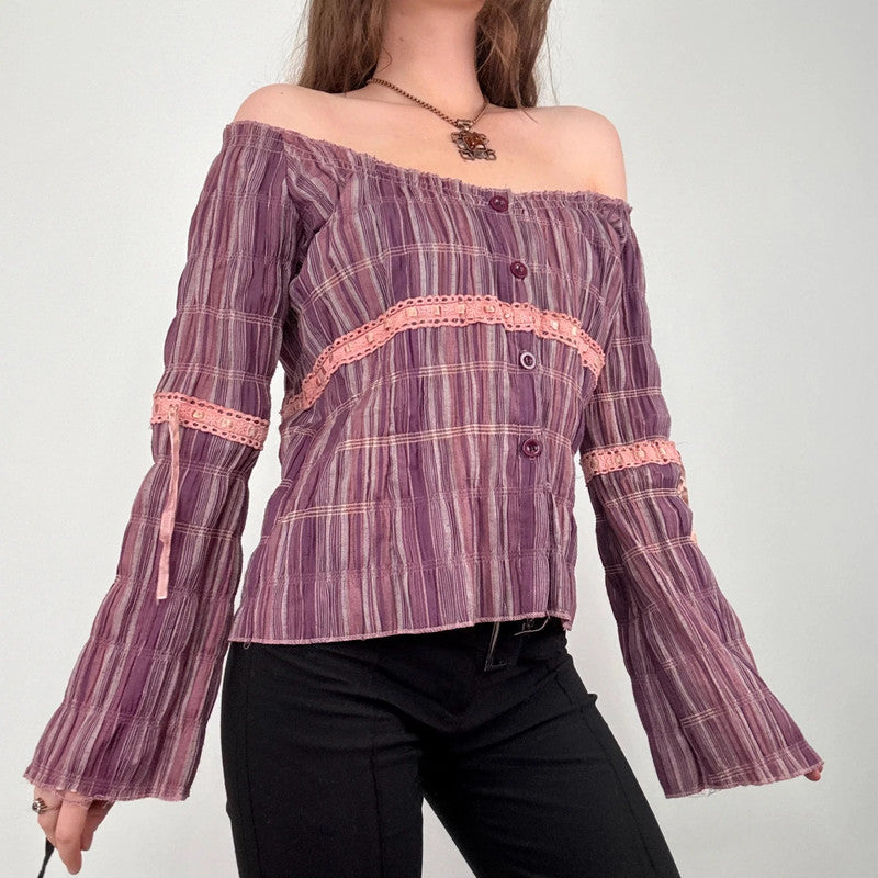 tartan off the shoulder gathered cotton shirt
