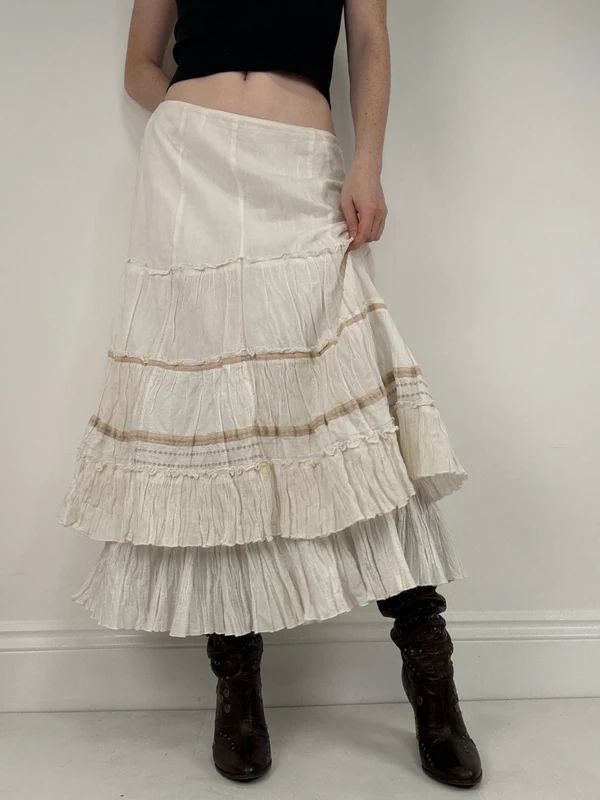 white pleated flared boho fairy maxi skirt