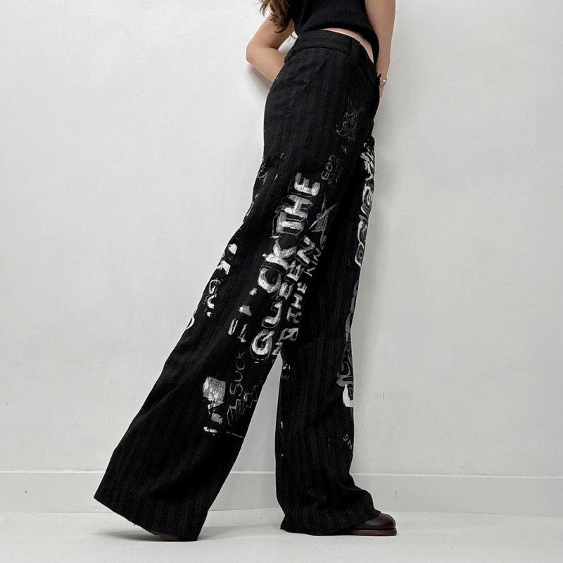 black pinstripe graphic text trousers