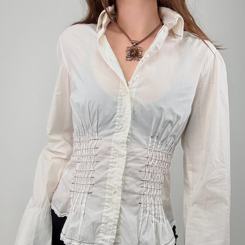 white cinched pleated flared shirt