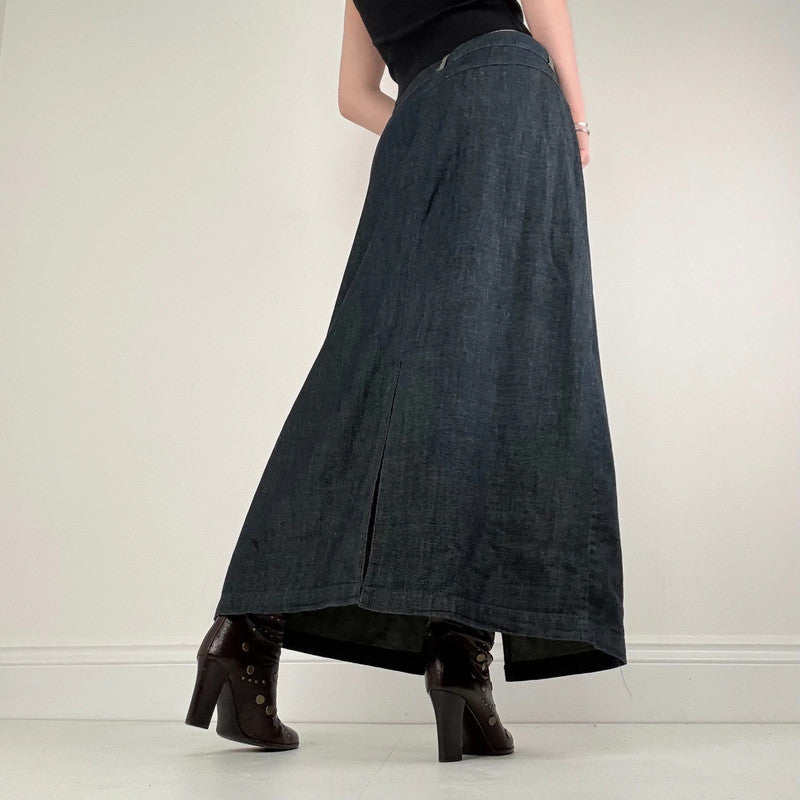 dark denim flared maxi skirt
