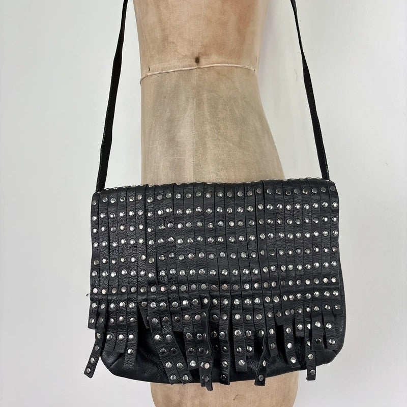 Black leather studded tassel crossbody bag