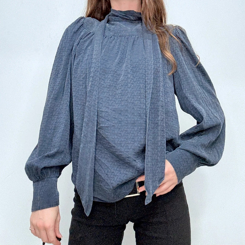 navy silk puff textured blouse