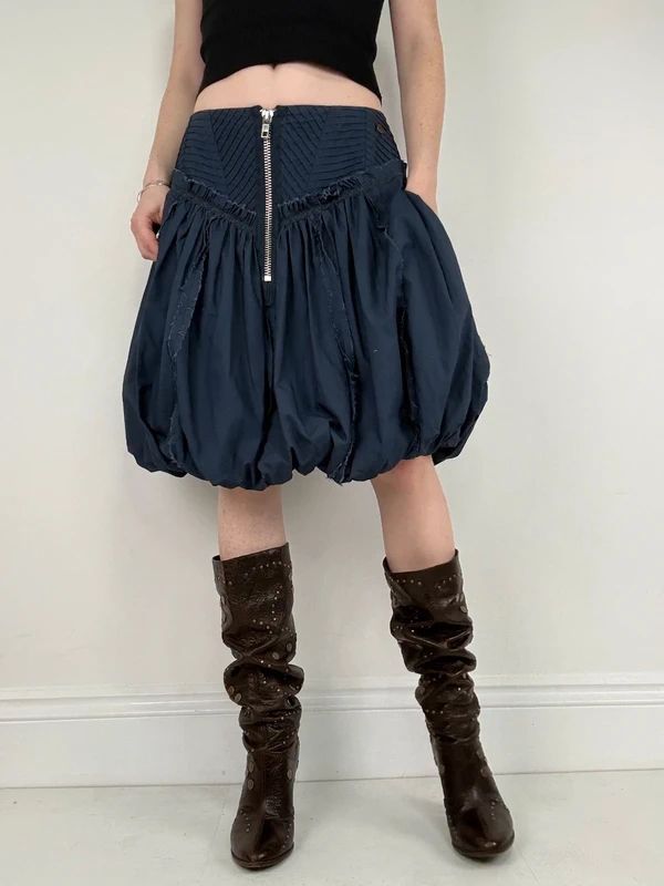 Puff parachute navy pleated midi flare skirt with zipper