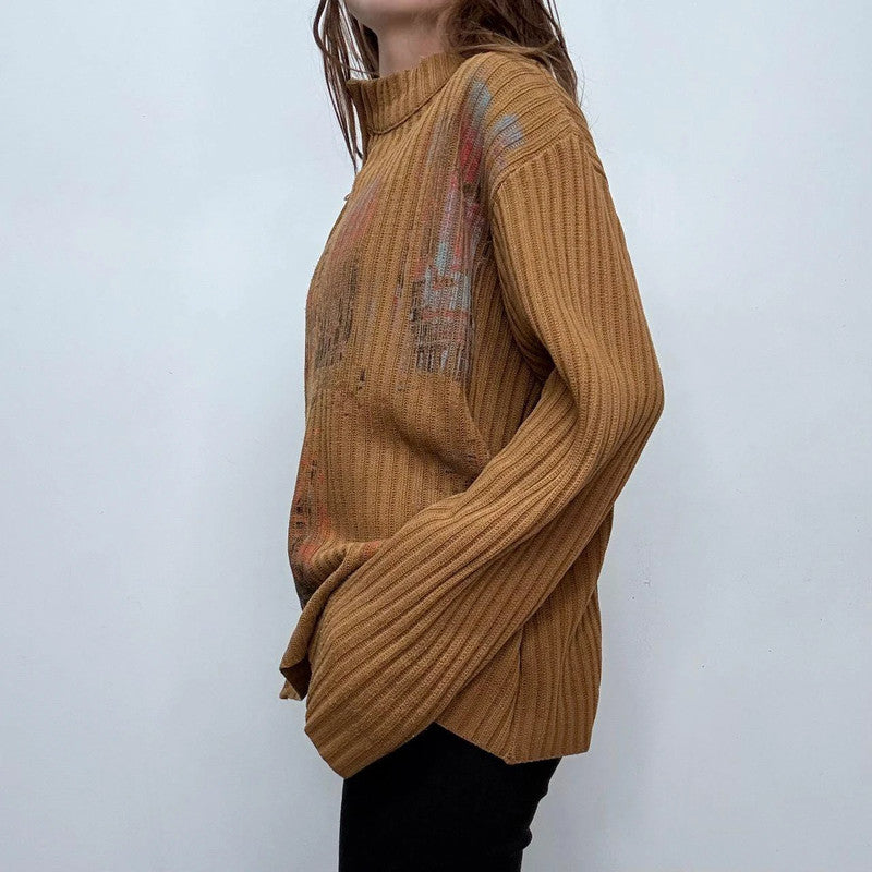 tan ribbed flared asymmetric-zip jumper