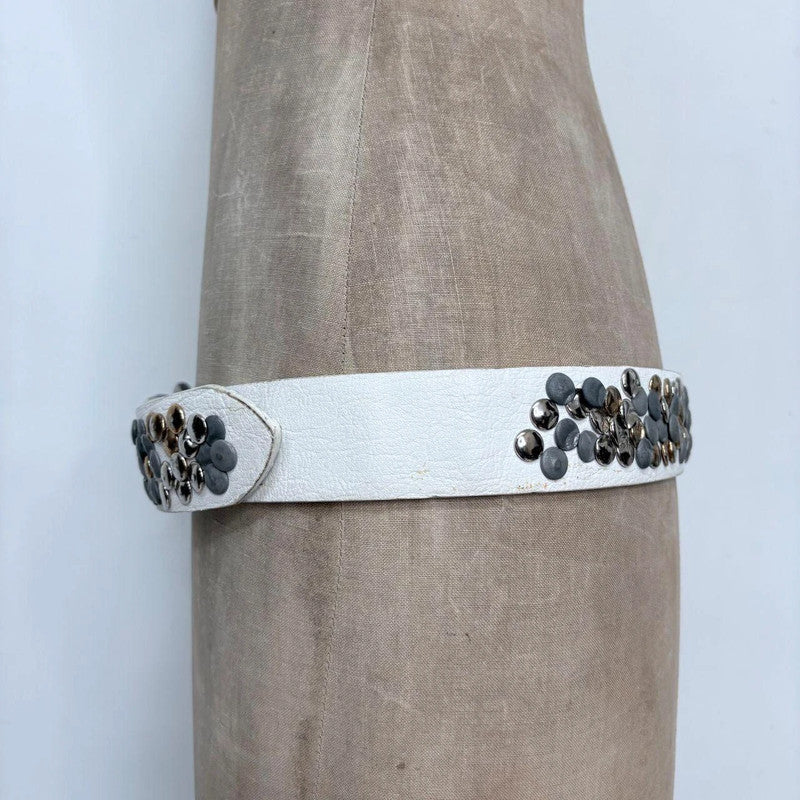 white leather studded metal belt