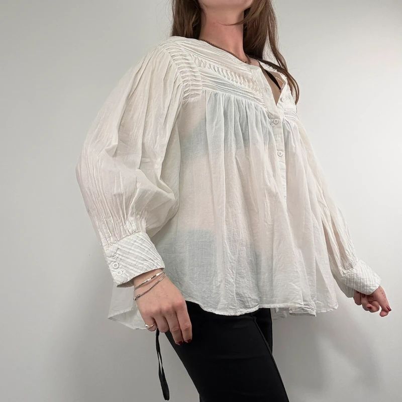 white cotton pleated flared french blouse Orfeo Paris
